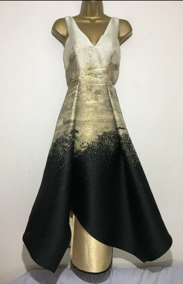 STUNNING COAST BLACK GOLD CREAM JACQUARD FIT FLARE DRESS MIDI SIZE