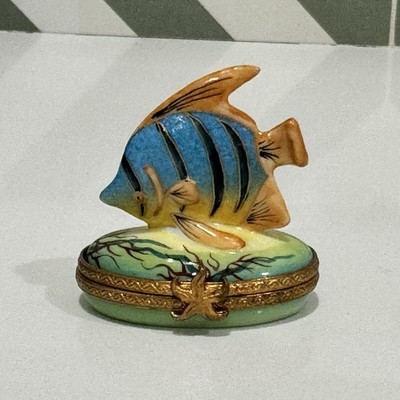 Rochard Limoges Blue Green Tropical Fish Peint Main Porcelain Trinket Box