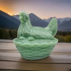 Vintage Style Hen on Nest Jadeite Chicken Depression Style Green Oval Glass Dish