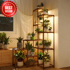 Corner Plant Stand w/ Grow Lights Tall Wood Shelf Indoor Outdoor 7 Pot Rack