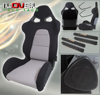2x Black Gray Cloth Full Reclinable Racing Bucket Seats w/ Slider Set Universal