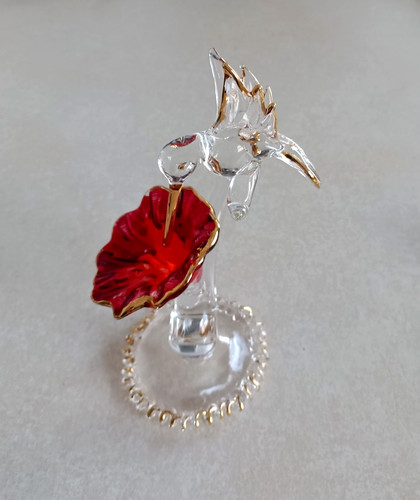 Vintage Murano Style Art Glass Hummingbird Figurine Red Flower Gold Trim Bird