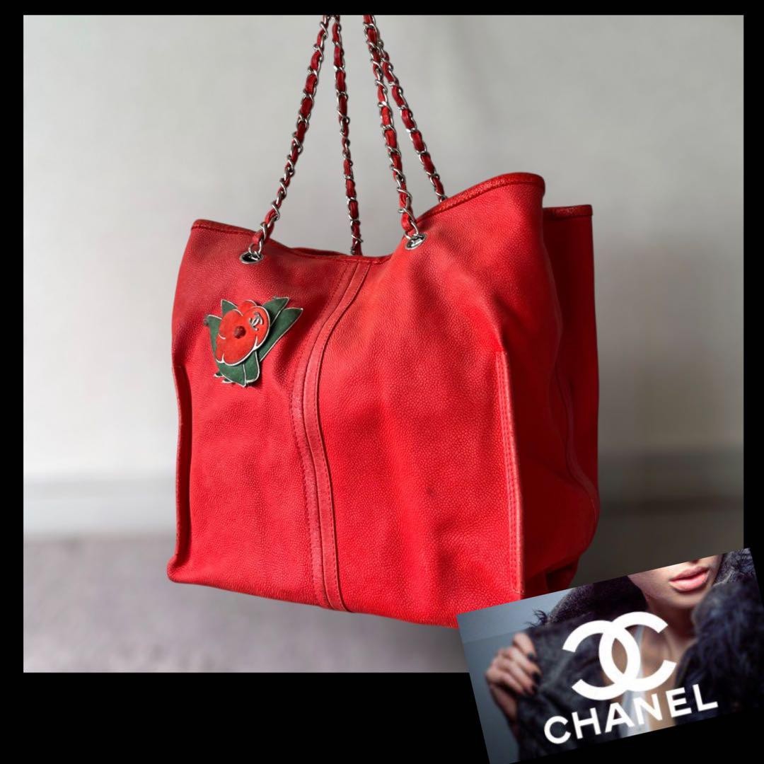 Chanel Chain Shoulder Bag Leather Red Camellia Used Authentic From Japan