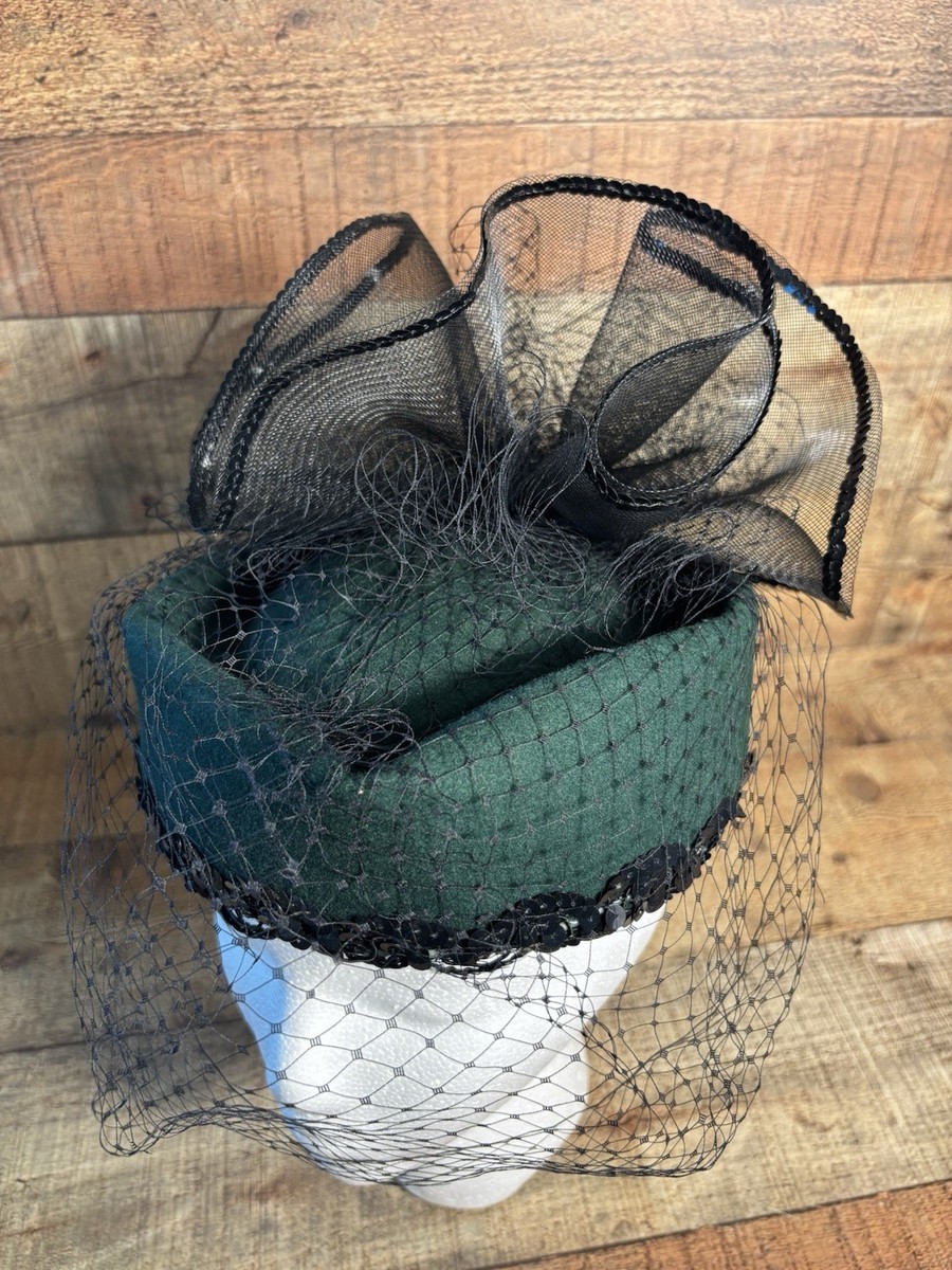 Vintage Wool Pillbox Hat Green Veil Jackie O Style Wedding Church Fascinator NWT Black Pillbox Hat With Birdcage Fascinator Veil Black Wool  main image 4