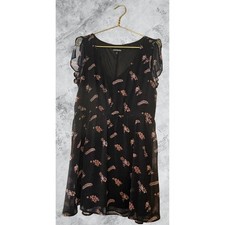 Express Black Floral Chiffon V-Neck Flutter Sleeve Mini Dress Womens Large L