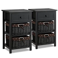 Set of 2 Night Stand 3 Layer 1 Drawer Bedside End Table Home W/2 Basket Black
