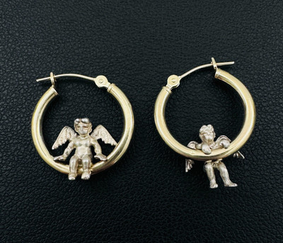 Vintage PBD Peter Brams 14K Yellow Gold & 925 Silver Cherub Angel Hoop Earrings