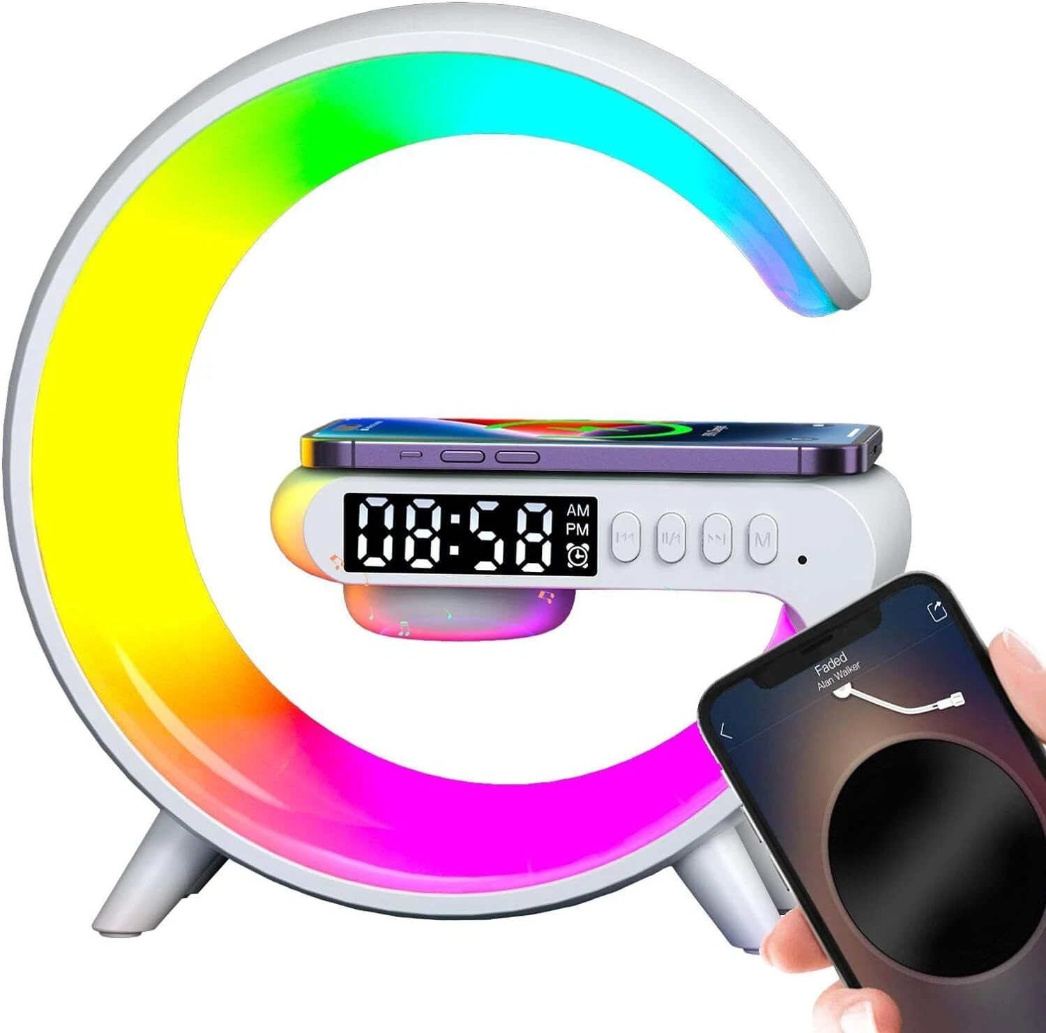 Smart LED Lamp G Bluetooth Speaker Wireless Charger RGB Alarm Clock Night Light - Picture 1 of 27