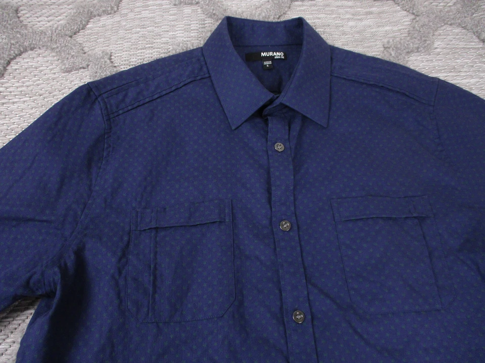 Murano Shirt Mens Large Blue Button Up Slim Fit Green Star Print Short Sleeve - Image 2 of 4