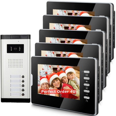 Apartment Wired 7'' Video Door Phone Intercom System Door Intercom+ 5 Monitors