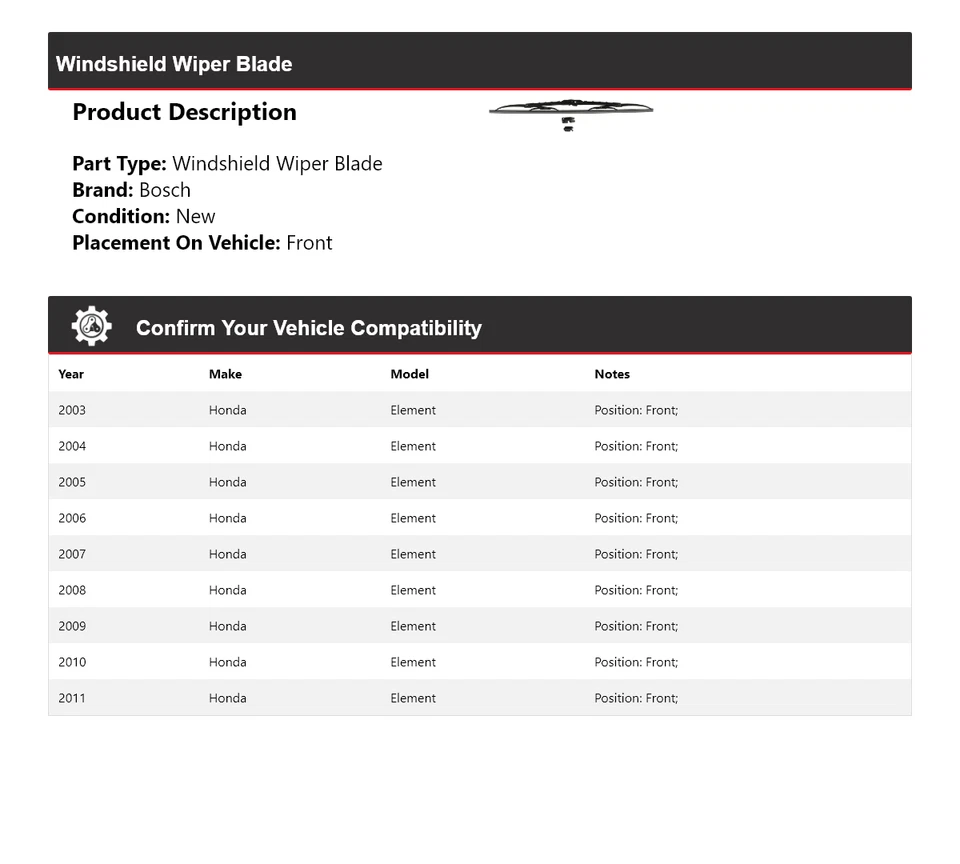 Limpiaparabrisas Excel+ delantero 2004 2005 para Honda Element Bosch 2003-2011 Foto 2 de 3
