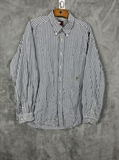 Vintage Tommy Hilfiger Long Sleeve Button Down Dress Shirt Blue Striped XL Crest
