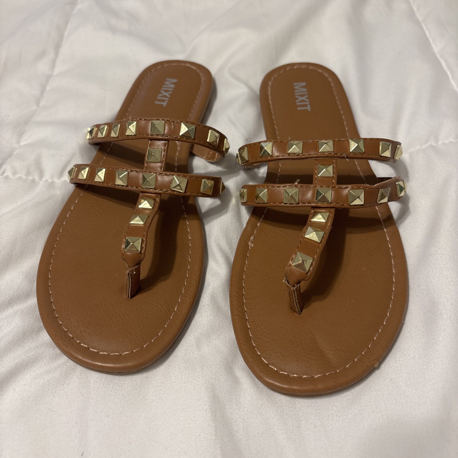 Gold Studded Mixit Sandals Size 7.5 in Rich Brown-image