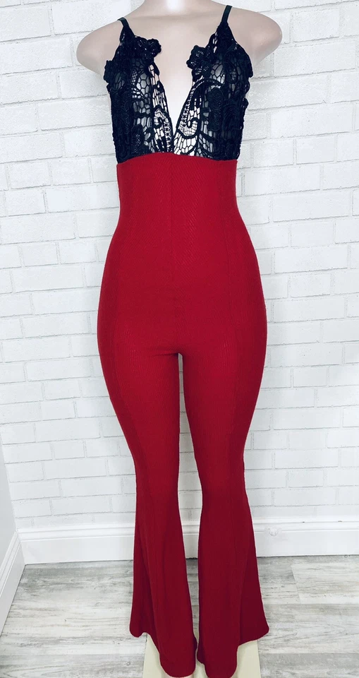Nwt Leg Ave 红色黑色柔软舒适毛衣喇叭裤睡衣连体裤女式 — 第 2/4 张图片