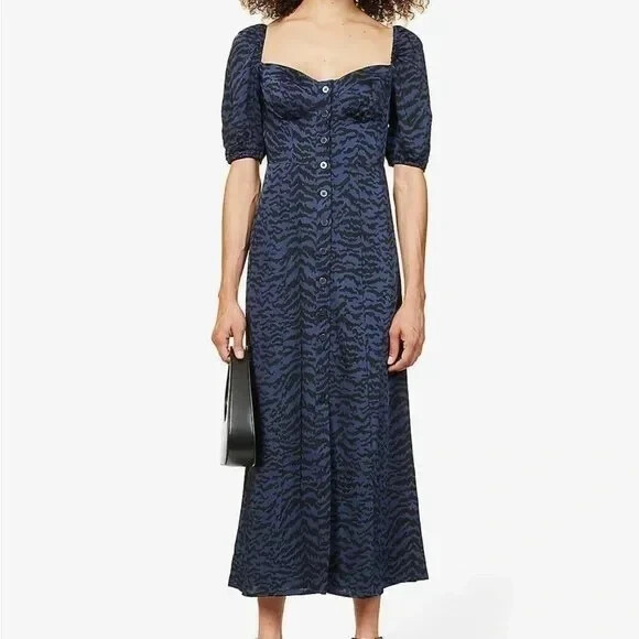 good american corset maxi dress NWT Good American Corset Style Navy Black Zebra Print Puff Sleeve Maxi  Dress 2