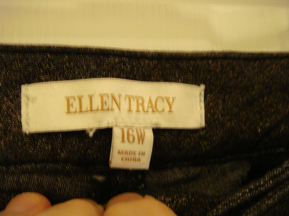 Ellen Tracy Dress Pants Dark Brown Shinny Gold Fabric Stretch Flat Front Siz 16W - Image 2 of 4