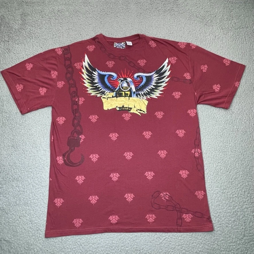 HamaShirt Mens 3XL XXXL Red Rhine Stone Art Bedazzled Fenix Wings Chain Grenade - Image 4 of 4
