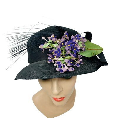 Vintage 1940s Purple Flower Hat Black Straw Cloche Macy\'s New York Vintage 1940s Purple Flower Hat Black Straw Cloche Macy main image 3