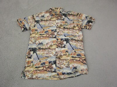Vintage Robert Stock Shirt Mens Small Blue  100% Silk All Over Print Cities Camp