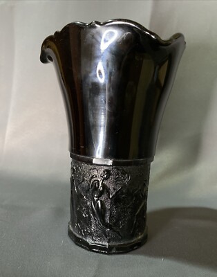 Vintage L.E. Smith Black Glass Vase Art Deco Tri-Corner Top Dancing Nymphs