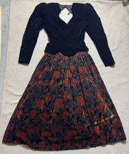 Scott McClintock Dress Womens 8 Black Floral Velvet A-Line Vintage Keyhole Back