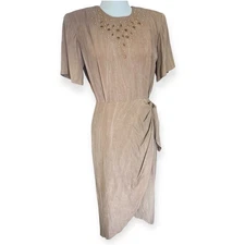 Vintage 80's Metal Beaded Studded Wrap Skirt Tulip Hem Tan Dress NWT size 11/12 