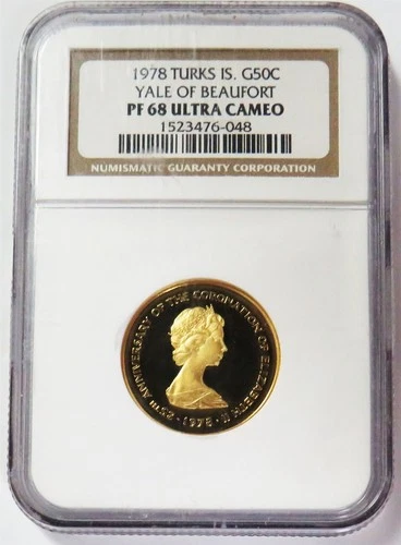 1978 GOLD TURKS & CAICOS 265 MINTED 50 CROWNS YALE OF BEAUFORT NGC PF 68 UC