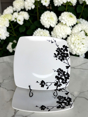 222 Fifth Mia Blossoms Black & White Dinner Plate Square Set of 2