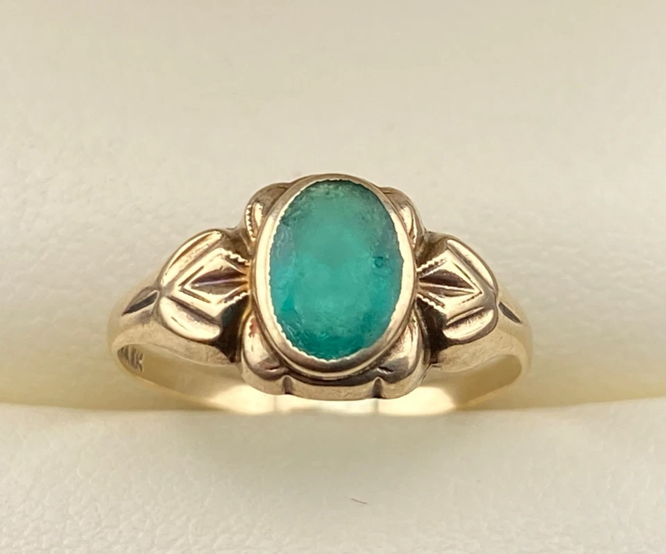 BDA 10k Yellow Gold Budlong Docherty & Armstrong Green Glass Signet Ring Sz 4.25 - Image 2 of 4