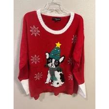 33 Degrees Red French Bulldog Christmas Ugly Sweater Women's XXL Snowflake Tree