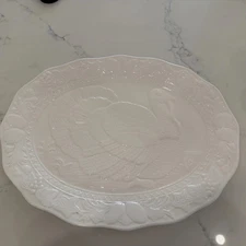 Vintage Thanksgiving White Ceramic Turkey Platter 19x14.5" Embossed Oval