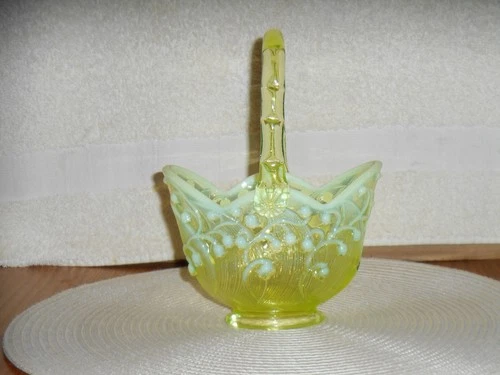 Vintage Fenton Art Glass Topaz Opalescent Lily of the Valley Basket