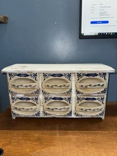Antique Blue Onion Pattern Porcelain 6 Draw Cabinet 20” X 11” Exc Condition