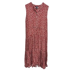 Chaps Sleeveless Maxi Dress Red White Floral XL Women Tiered Tie Waist Buttons