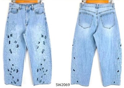 2069 BALLON JEANS HOSE SEXY WOMAN BLAU BLUMEN CUT OUT S M L XL NEU