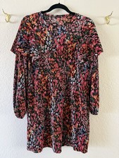 Zara Long Puff Sleeve Dark Ditsy Floral Micro Pleated Mini Dress Size S Spring