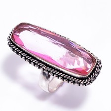925 Sterling Silver Jewelry Handmade Pink Amethyst Radiant Gemstone Ring 5.75 US