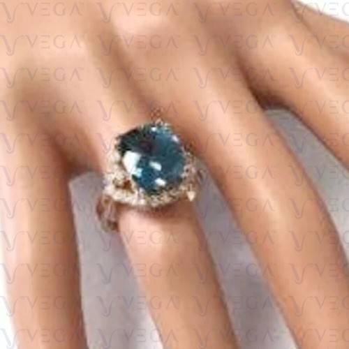 7.22ct Cushion Cut Blue Natural Topaz Gemstones Diamond Ring Real 14K Rose Gold - Picture 5 of 13