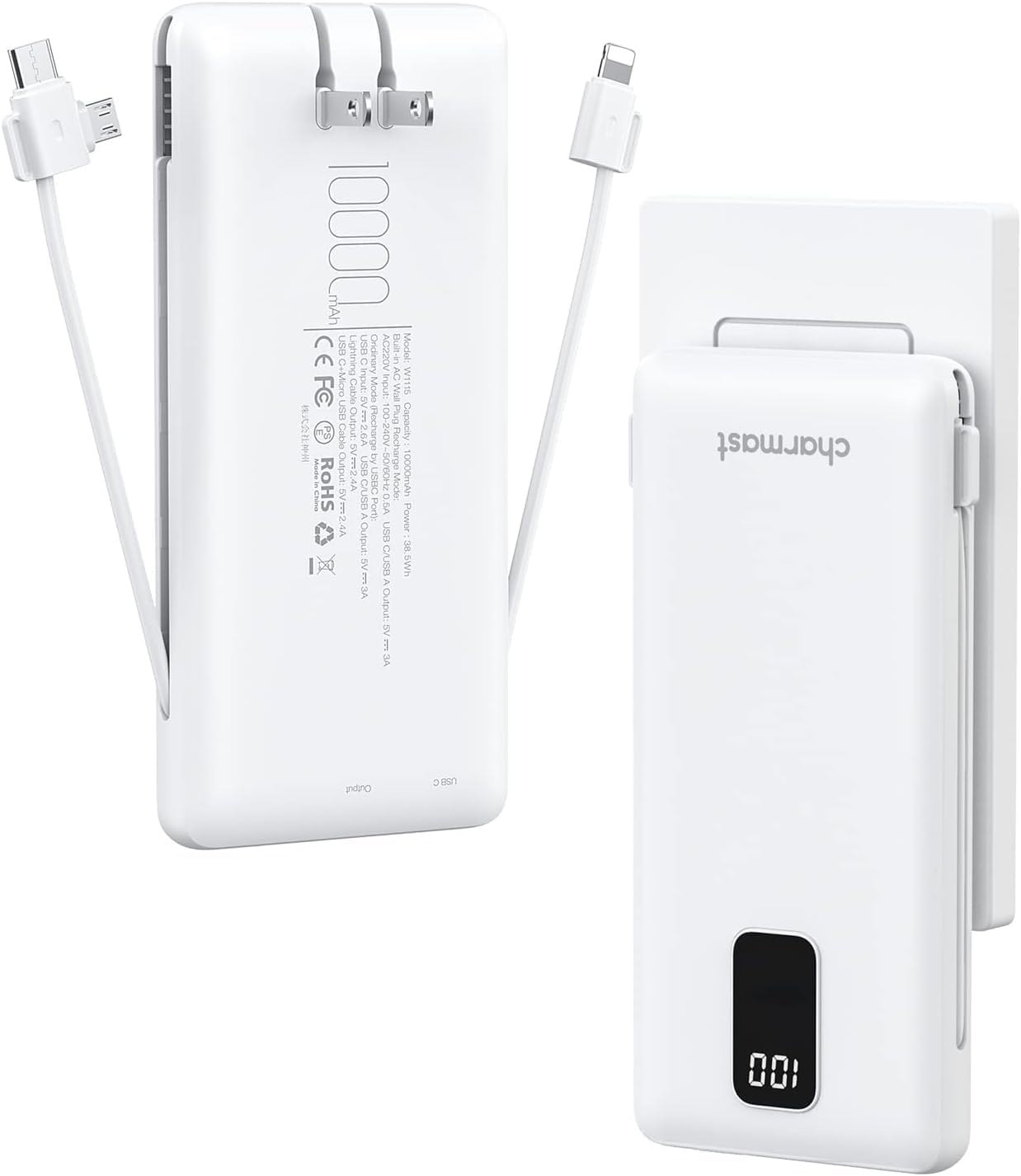 Ultra-Thin 10000mAh Power Bank with Built-In Cables & Wall Plug – Portable Fast Charging