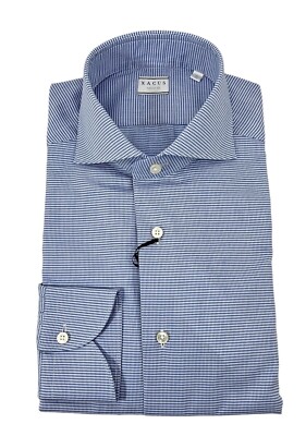 XACUS weiches French Neck Hemd aus Baumwolle Pie de Poulle Weiß/Blau