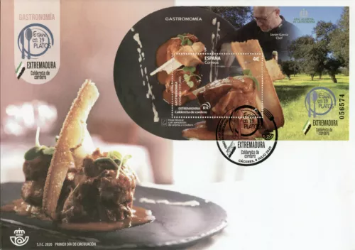 Estampillas gastronómicas España 2020 FDC Extremadura Calderata de Cordero Cultures 1v MS