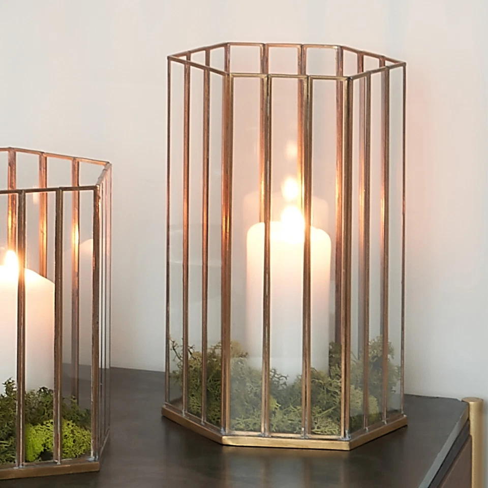 Antique Bronze Glass Lantern Hexagonal Candle Holder for Indoor Outdoor Decor - Image 2 of 2