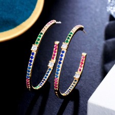 Gold Plated Rainbow Cubic Zirconia Circle Hoop Earrings for Women Bridal Jewelry