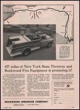1957 New York State Thruway Map Fire Truck Photo Rockwood Sprinkler Co. Print Ad