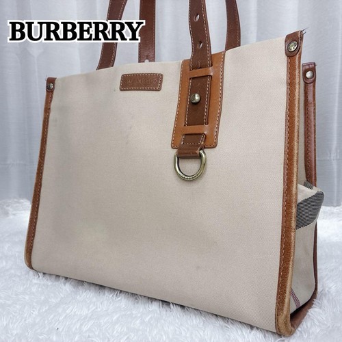 BURBERRY Vintage Nova Check Canvas Tote Bag Beige Brown A4 Business Leather
