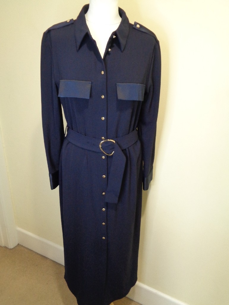 ZARA NAVY BLUE BELTED MIDI SHIRT DRESS WITH GOLD BUTTON DETAIL - SIZE SMALL