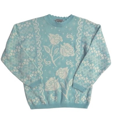 Vintage Cottagecore Floral Knit Sweater Womens M Blue Rose 90s Grannycore USA