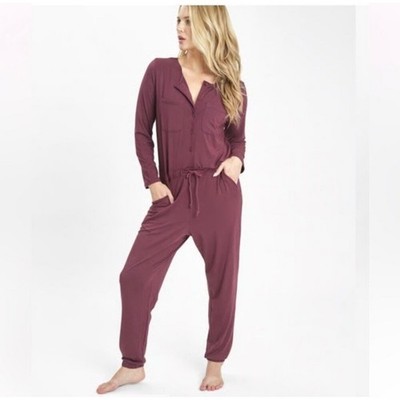 Lively Jumpsuit Pajamas Sleepwear Burgundy Long Sleeve Drawstring Pockets L