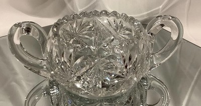 American Brilliant Period Cut Glass 2 Handle Sugar Bowl Star Pattern