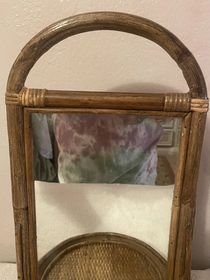 Lindo espejo de pared y estante tropical boho vintage de ratán ~ bambú ~ mimbre Foto 2 de 4